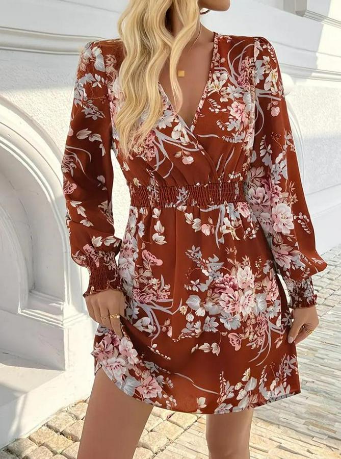 Uzun Kollu Kruvaze Yakalı Çiçek Desenli Mini Süprem Elbise