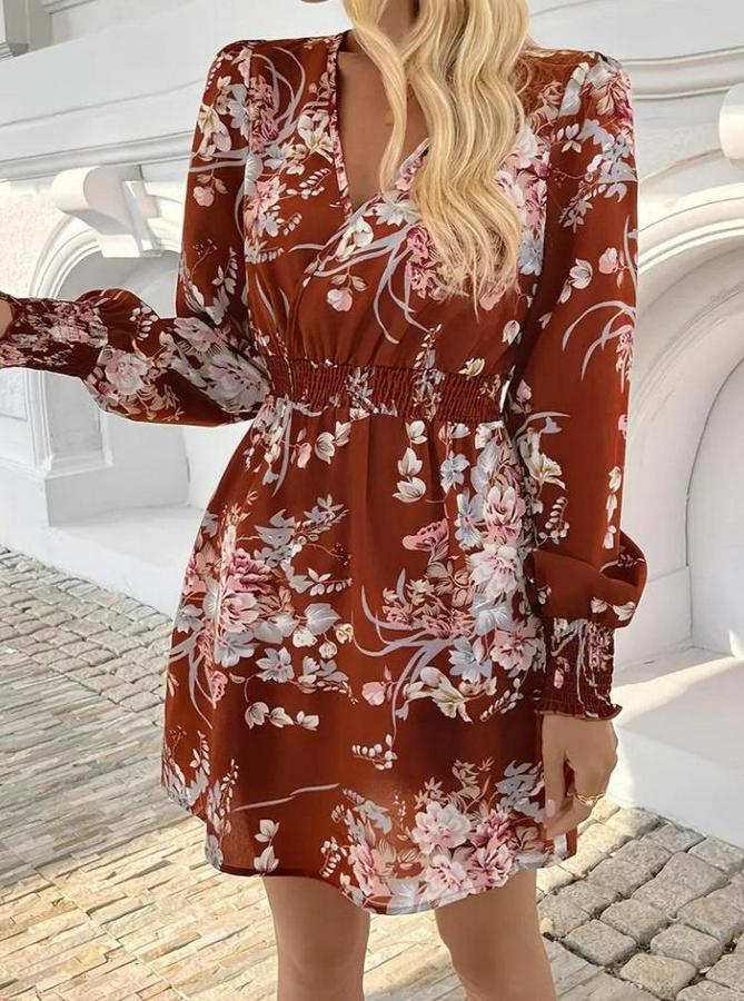 Uzun Kollu Kruvaze Yakalı Çiçek Desenli Mini Süprem Elbise