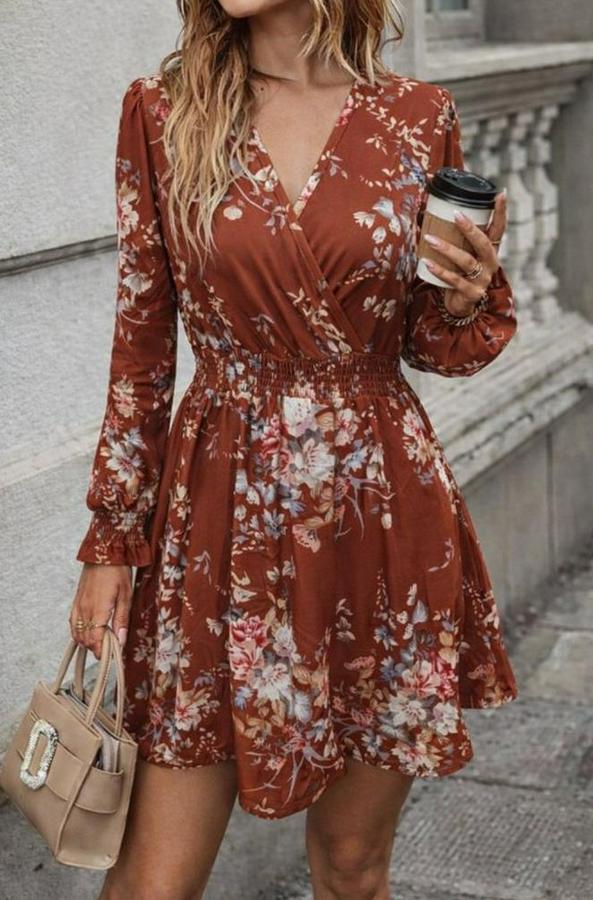 Uzun Kollu Kruvaze Yakalı Çiçek Desenli Mini Süprem Elbise 
