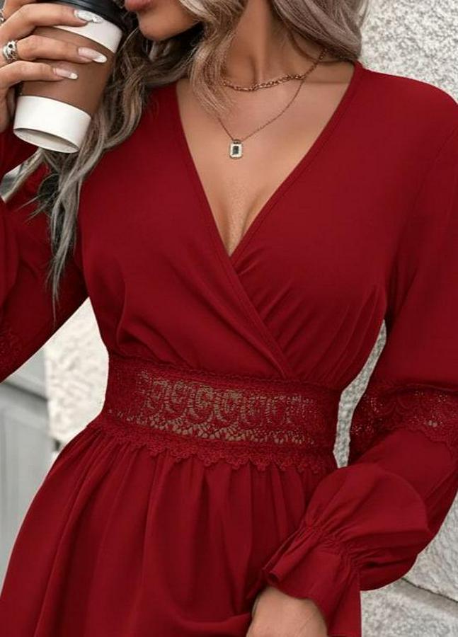 Uzun Kollu Kruvaze Yakalı Dantelli Fermuar Detaylı Mini Ithal Krep Elbise