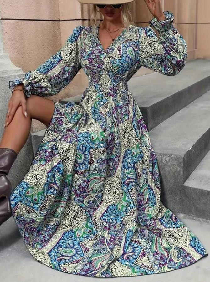 Uzun Kollu Kruvaze Yakalı Desenli Süprem Maxi Elbise