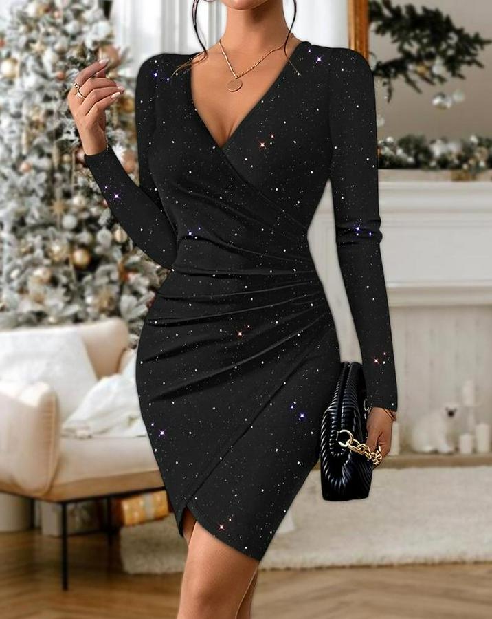 Uzun Kollu Kruvaze Yakalı Işıltılı Mini Ithal Krep Elbise