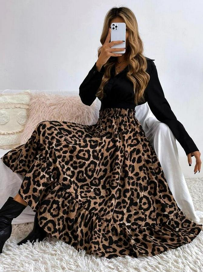 Uzun Kollu Kruvaze Yakalı Ithal Krep Bluz Ve Leopar Desenli Süprem Uzun Elbise