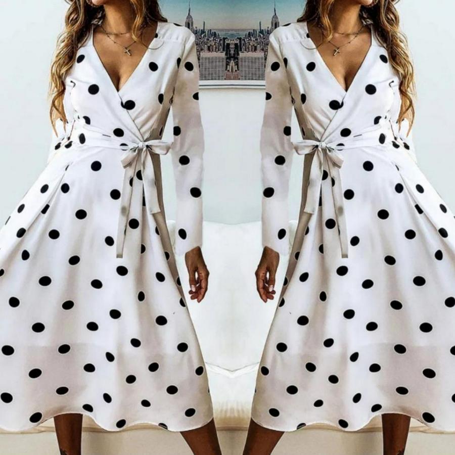 Uzun Kollu Kruvaze Yakalı Kuşaklı Puantiyeli Uzun Krep Elbise