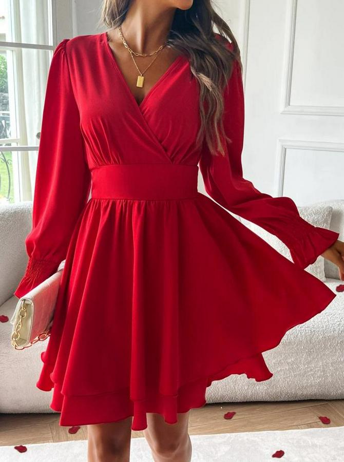 Uzun Kollu Kruvaze Yakalı Mini Sandy Elbise