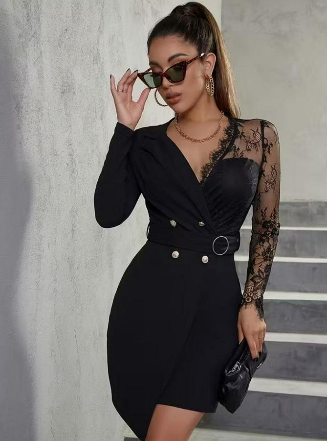 Uzun Kollu Kruvaze Yakalı Önden Düğmeli Kısa Ithal Krep Elbise