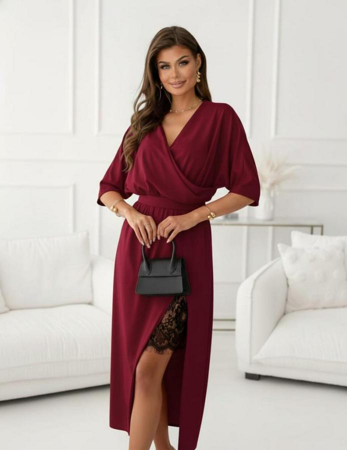 Uzun Kollu Kruvaze Yakalı Yandan Dantelli Midi Ithal Krep Elbise