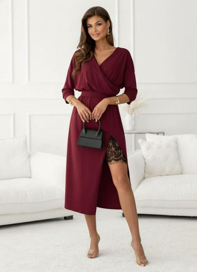 Uzun Kollu Kruvaze Yakalı Yandan Dantelli Midi Ithal Krep Elbise