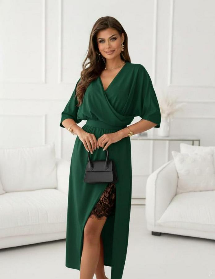 Uzun Kollu Kruvaze Yakalı Yandan Dantelli Midi Ithal Krep Elbise