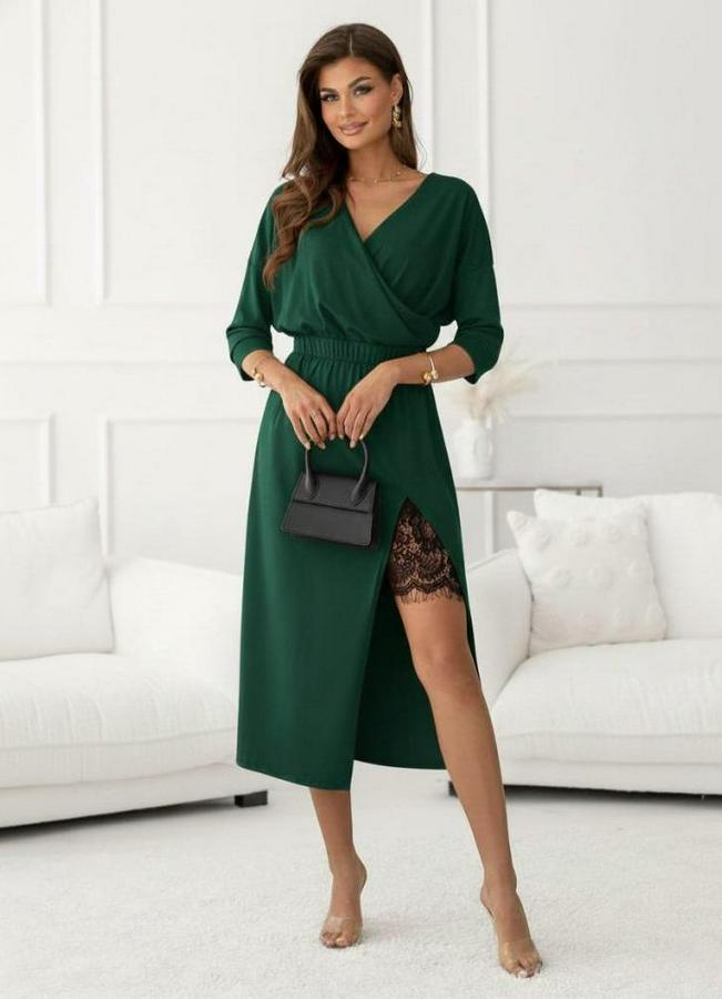 Uzun Kollu Kruvaze Yakalı Yandan Dantelli Midi Ithal Krep Elbise