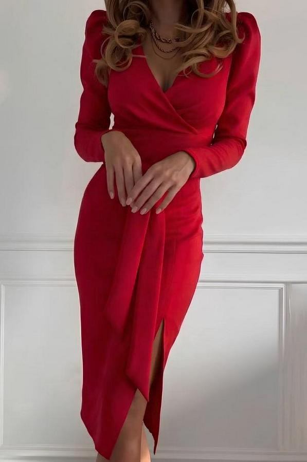 Uzun Kollu Kruvaze Yakalı Yandan Yırtmaçlı Belden Kuşaklı Midi Ithal Krep Elbise