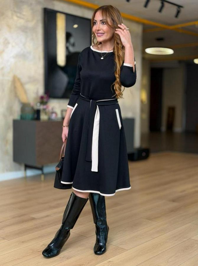 Uzun Kollu Kuşak Dahil Midi Boy Lbise