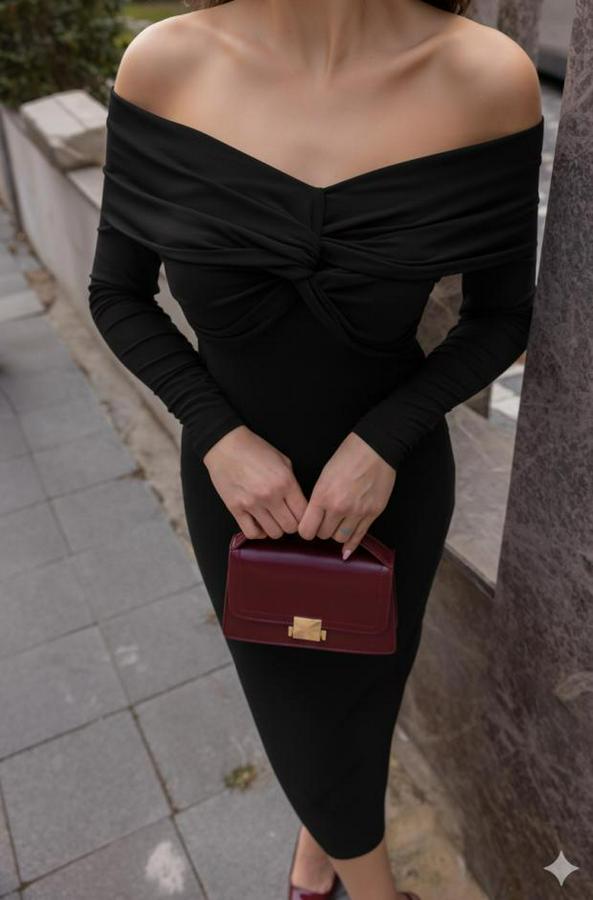 Uzun Kollu Madonna Yaka Düğüm Büzgü Detay Maxi Boy Elblbise