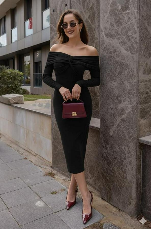 Uzun Kollu Madonna Yaka Düğüm Büzgü Detay Maxi Boy Elblbise