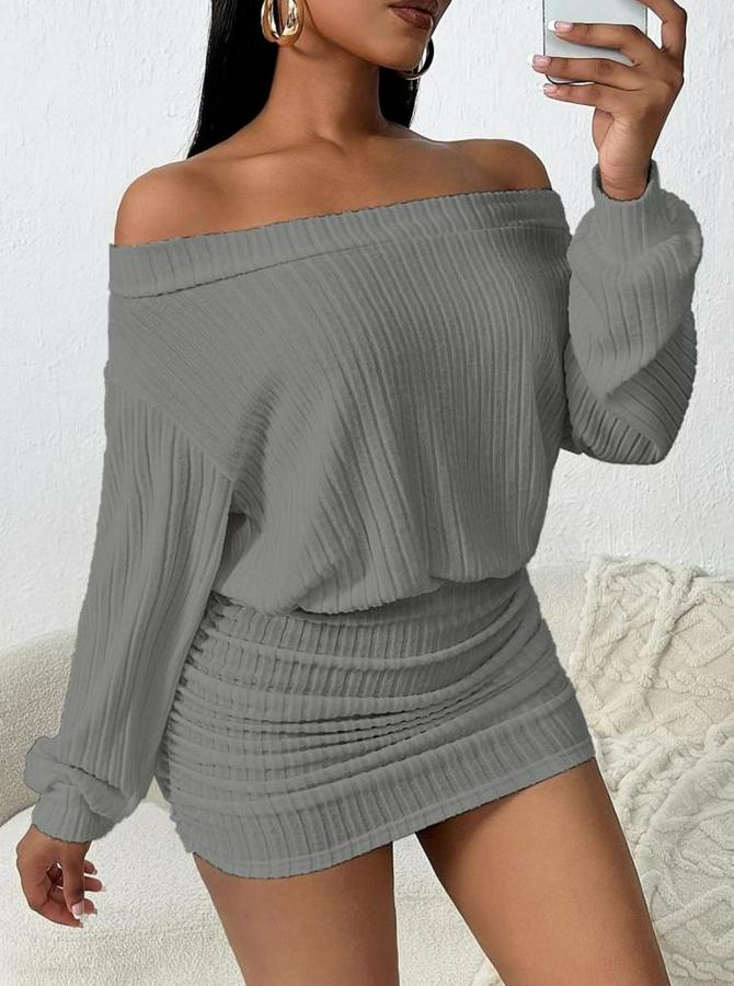 Uzun Kollu Madonna Yaka Yanlardan Büzgülü Şardonlu Kaşkorse Mini Elbise