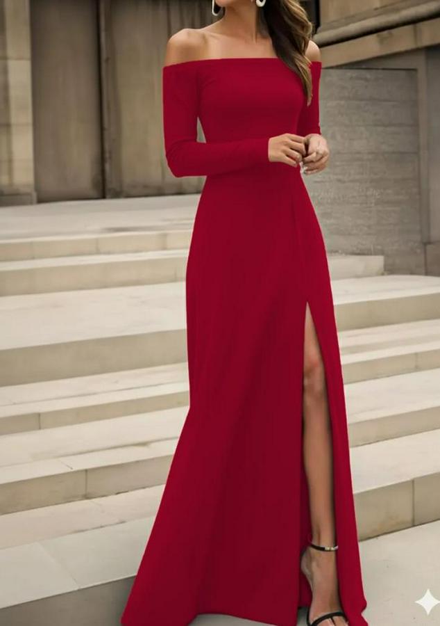 Uzun Kollu Madonna Yakalı Yırtmaç Detaylı Uzun Ithal Krep Elbise