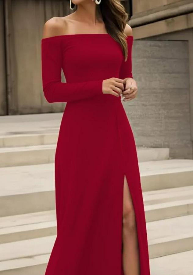 Uzun Kollu Madonna Yakalı Yırtmaç Detaylı Uzun Ithal Krep Elbise