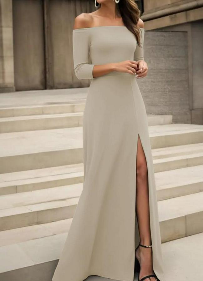 Uzun Kollu Madonna Yakalı Yırtmaç Detaylı Uzun Ithal Krep Elbise