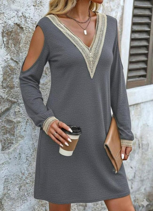 Uzun Kollu Omuzdan Açık V Dantel Yakalı Mini Waffle Elbise