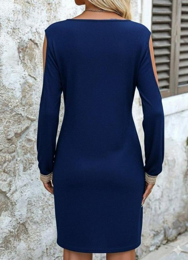 Uzun Kollu Omuzdan Açık V Dantel Yakalı Mini Waffle Elbise