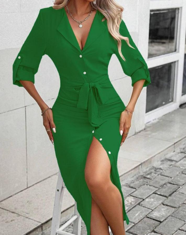 Uzun Kollu Önden Düğmeli Beli Kuşaklı Aerobin Midi Elbise 