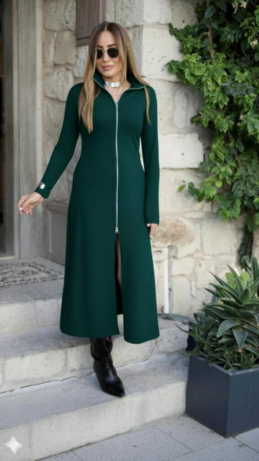 Uzun Kollu Önden Fermuarlı Ithal Krep Elbise