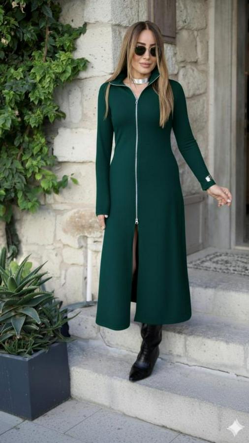 Uzun Kollu Önden Fermuarlı Ithal Krep Elbise