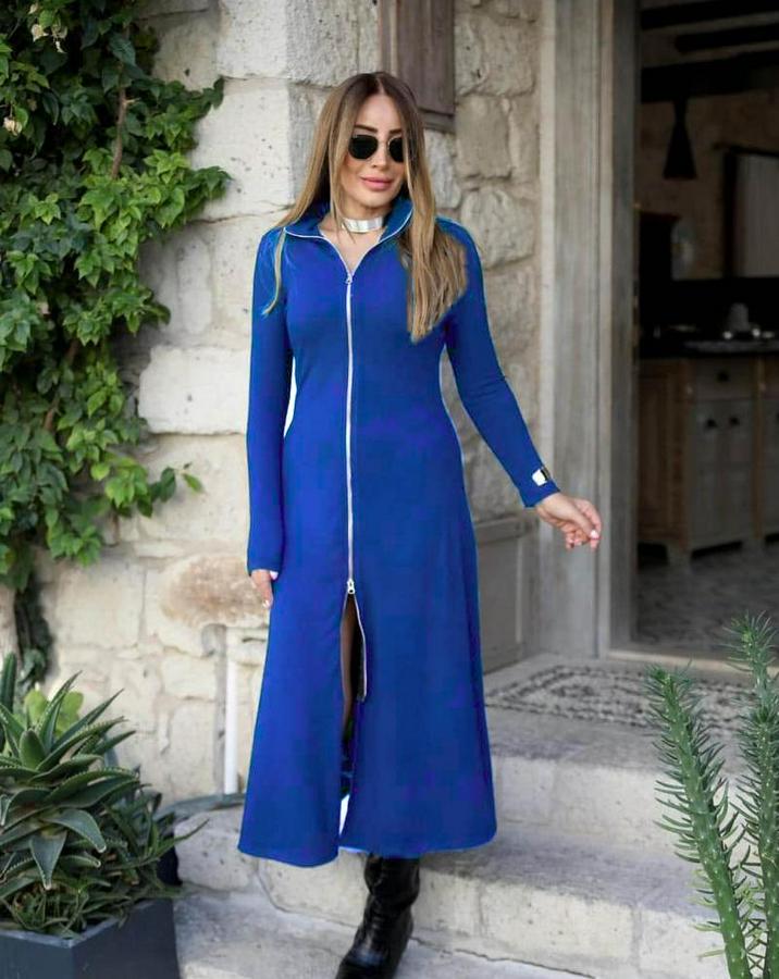 Uzun Kollu Önden Fermuarlı Ithal Krep Elbise