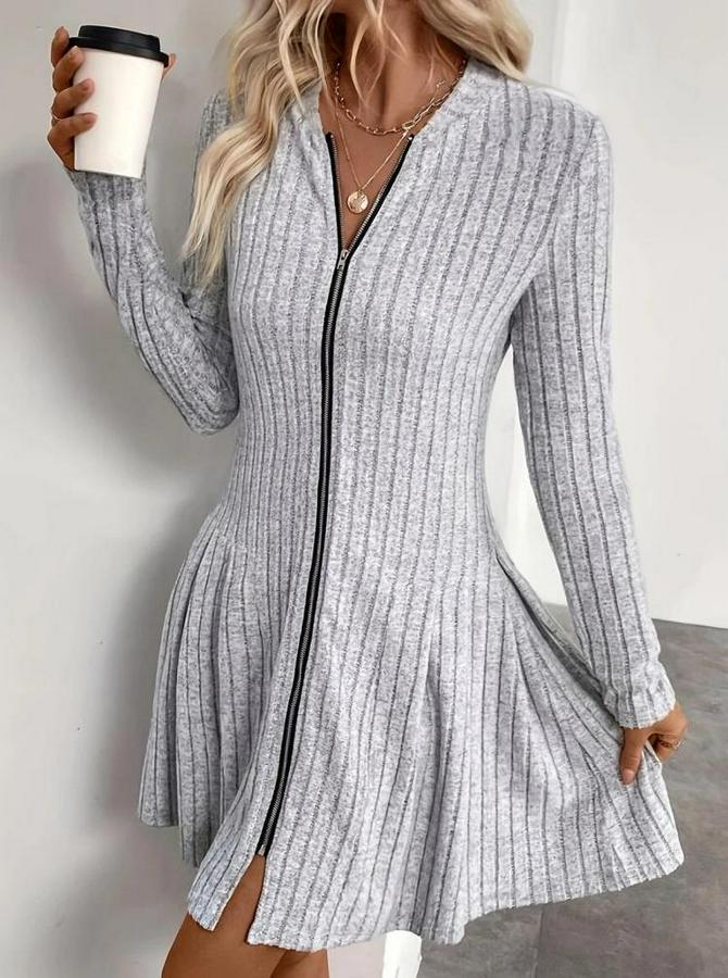 Uzun Kollu Önden Fermuarlı Pileli Şardonlu Kaşkorse Mini Elbise