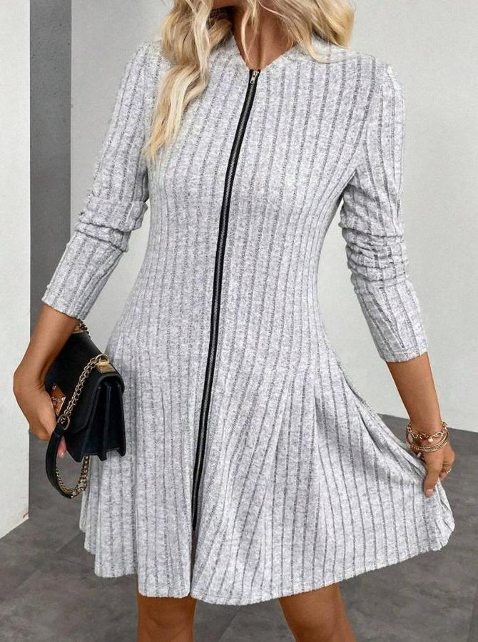 Uzun Kollu Önden Fermuarlı Pileli Şardonlu Kaşkorse Mini Elbise