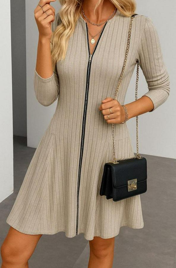 Uzun Kollu Önden Fermuarlı Pileli Şardonlu Kaşkorse Mini Elbise