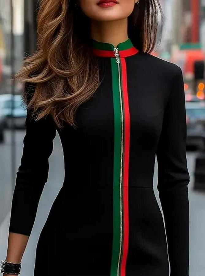 Uzun Kollu Önden Tam Boy Fermuarlı Renkli Şerit Detaylı Viskon Iki Iplik Mini Elbise