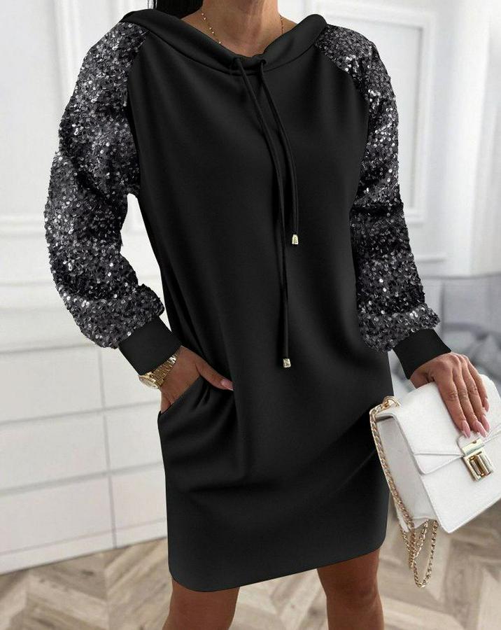 Uzun Kollu Pulpayetli Bağcıklı Cep Detaylı Mini Viskon Iki Iplik Elbise