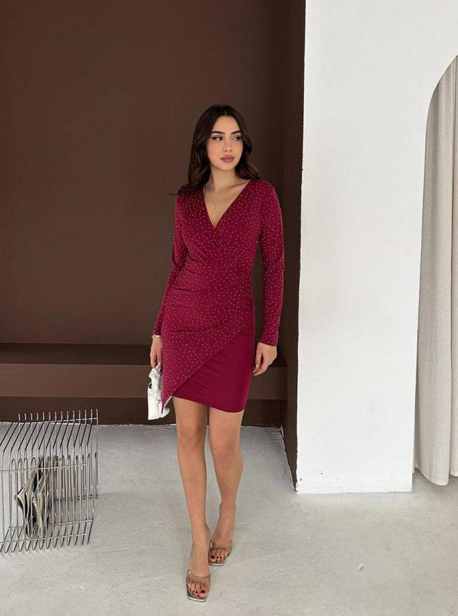 Uzun Kollu Taş Detay Mini Kruvaze Elbise