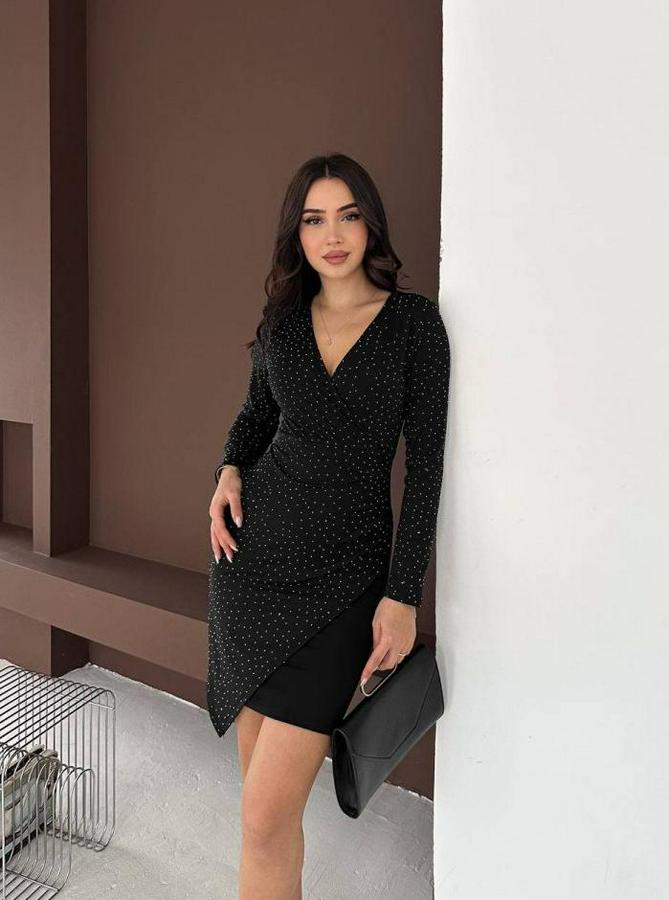 Uzun Kollu Taş Detay Mini Kruvaze Elbise