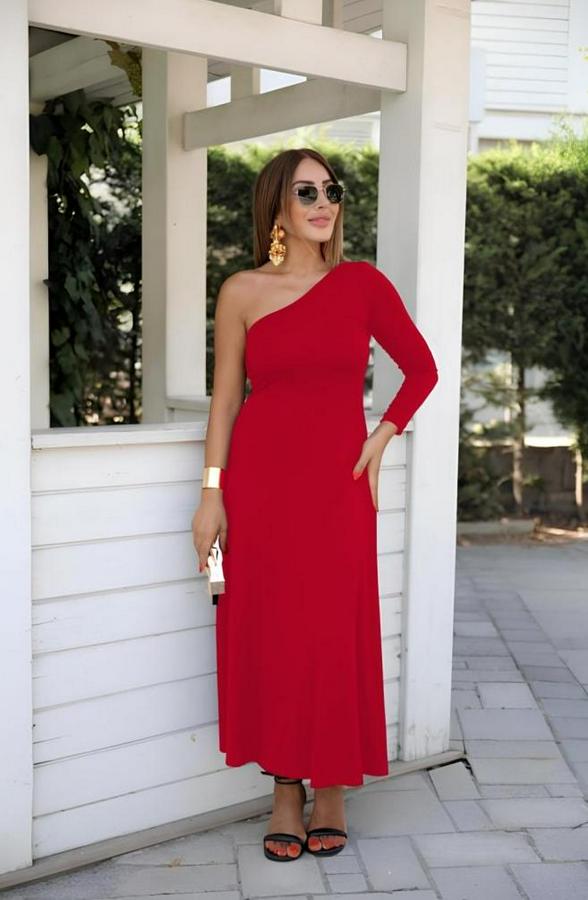 Uzun Kollu Tek Omuz Detay Krep Elbise