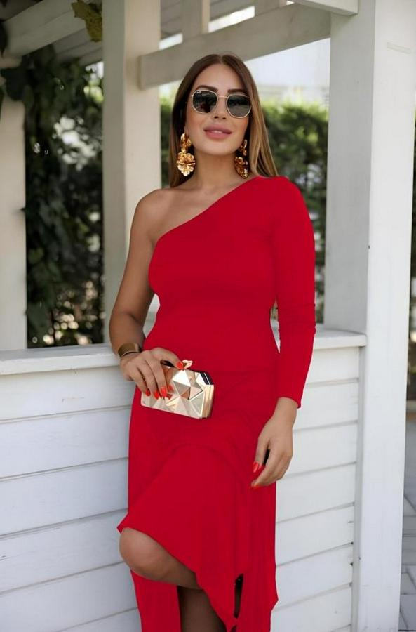 Uzun Kollu Tek Omuz Detay Krep Elbise