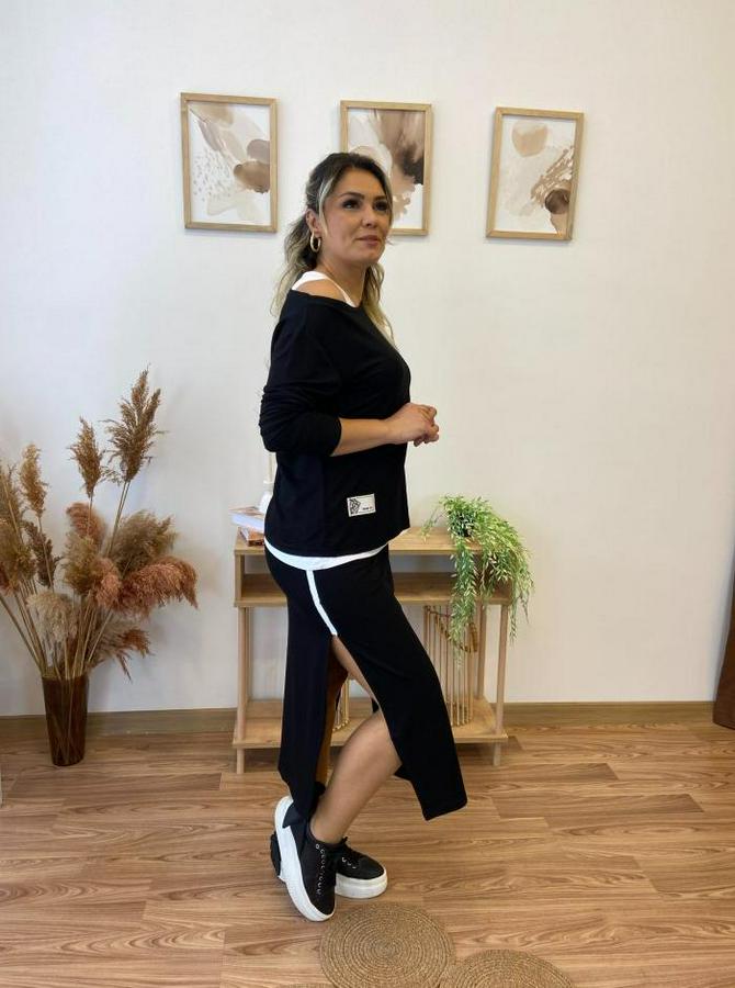 Uzun Kollu Tek Omuzu Açık Viskon Bluz Içi Atletli Ve Yandan Şeritli Üçlü Viskon Ikili Takım