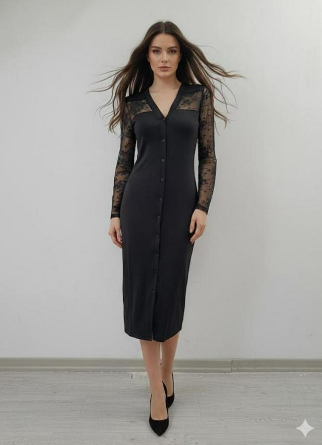 Uzun Kollu Transparan Detay Midi Boy Elbise