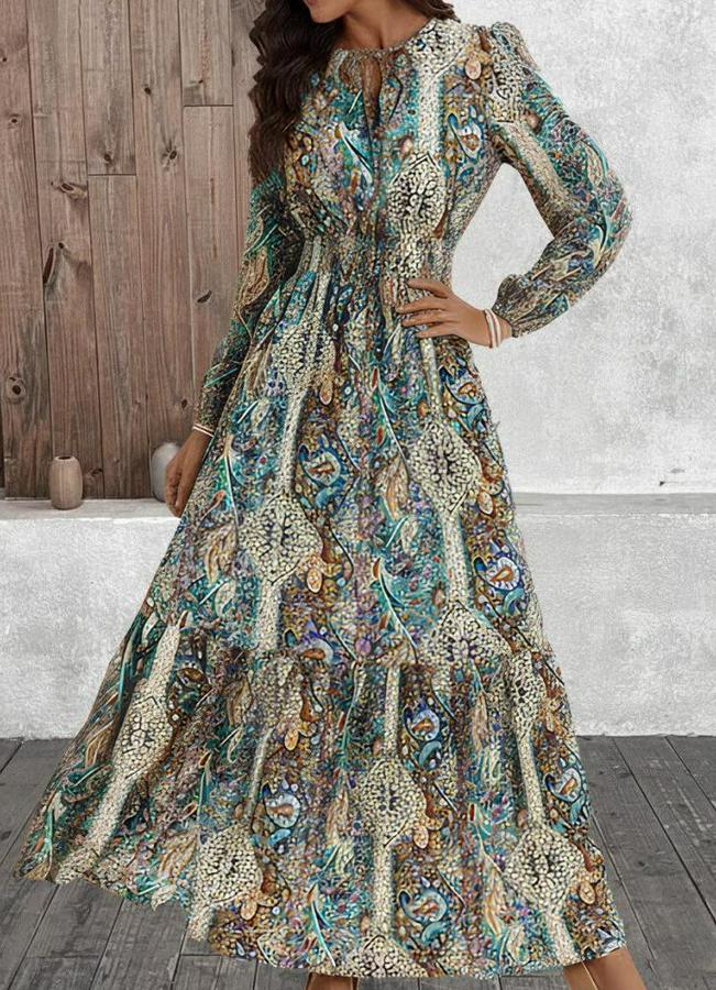 Uzun Kollu Uakadabağcıklı Beli Lastikli Desenli Uzun Süprem Elbise