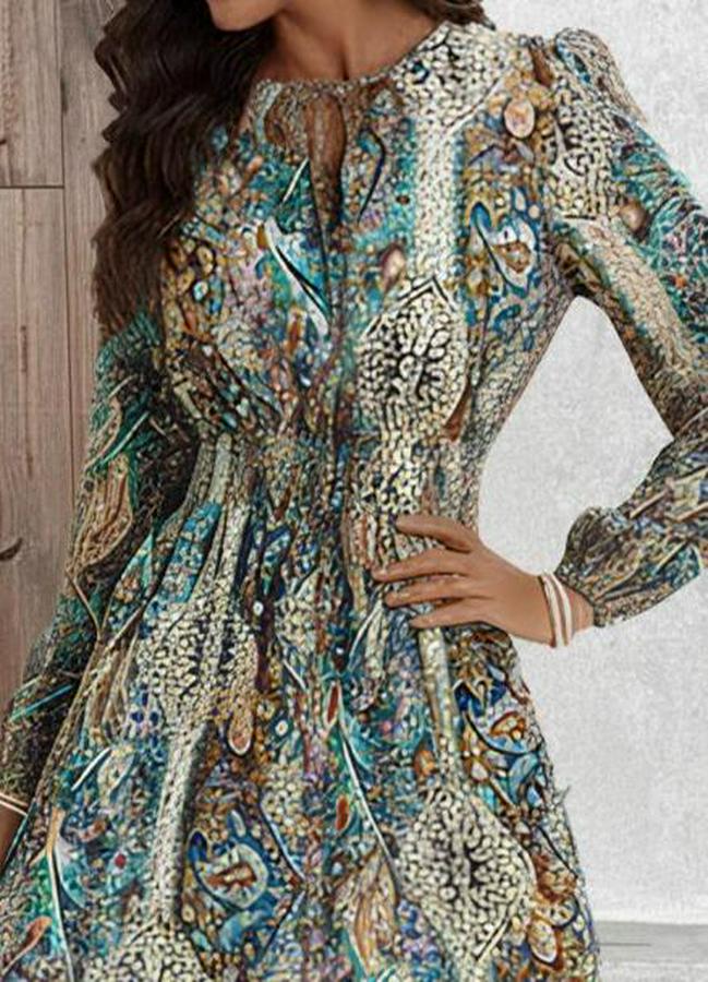 Uzun Kollu Uakadabağcıklı Beli Lastikli Desenli Uzun Süprem Elbise