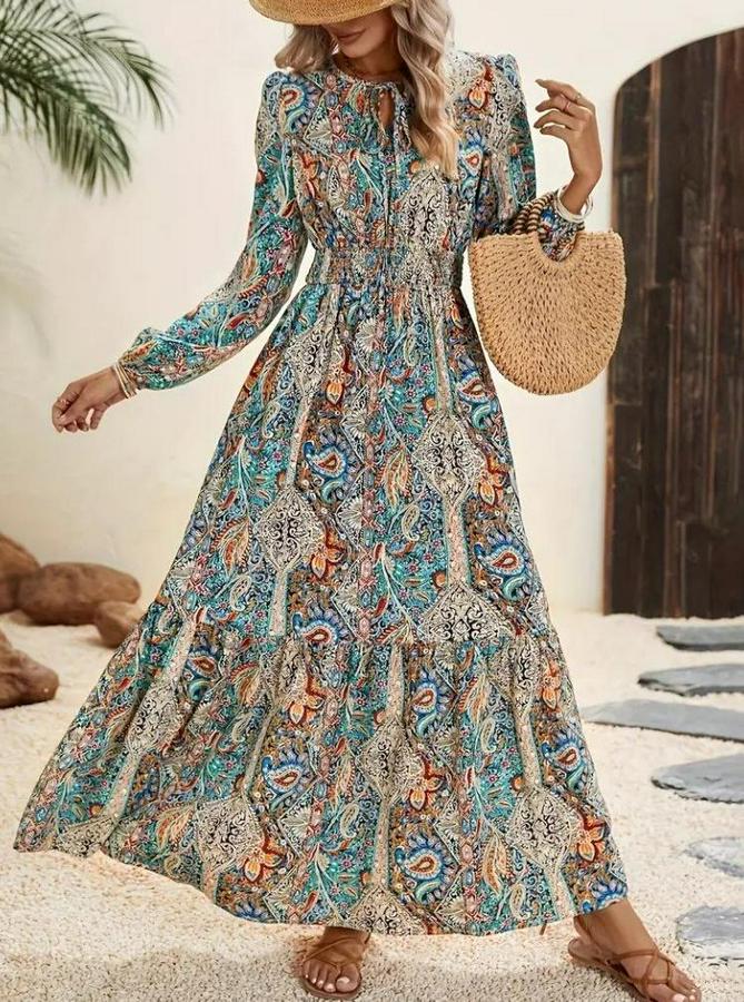 Uzun Kollu Uakadabağcıklı Beli Lastikli Desenli Uzun Süprem Elbise