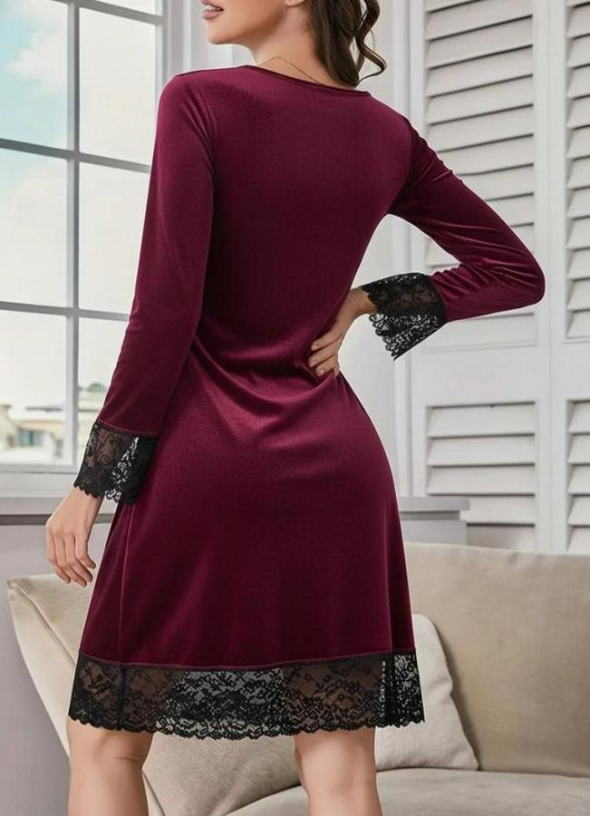 Uzun Kollu V Dantel Yakalı Mini Kadife Elbise