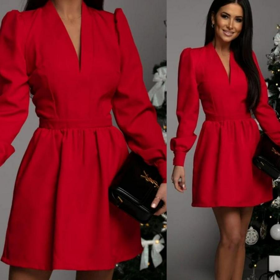 Uzun Kollu V Yaka Belden Hafif Pileli Scuba Krep Mini Boy Elbise