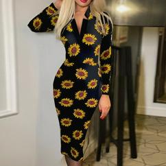 Uzun Kollu V Yaka Puantiyeli Krep Midi Boy Elbise