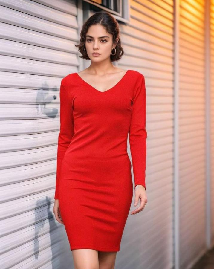 Uzun Kollu V Yaka Sırt Dekolteli Scuba Dalgıç Kumaş Mini Elbise