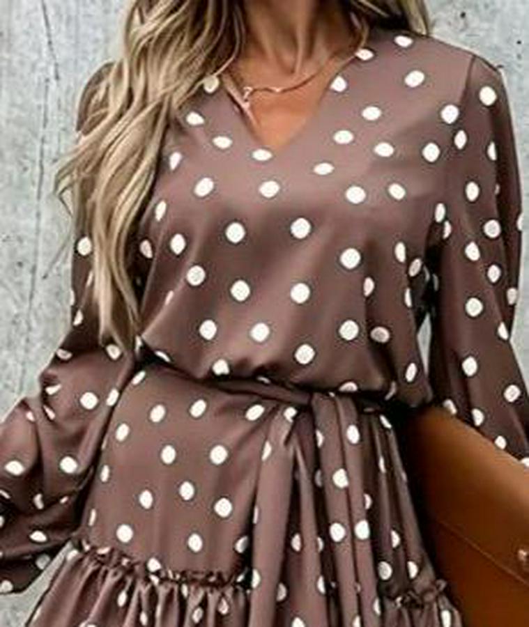Uzun Kollu V Yakalı Belden Kuşaklı Puantiyeli Mini Modal Elbise