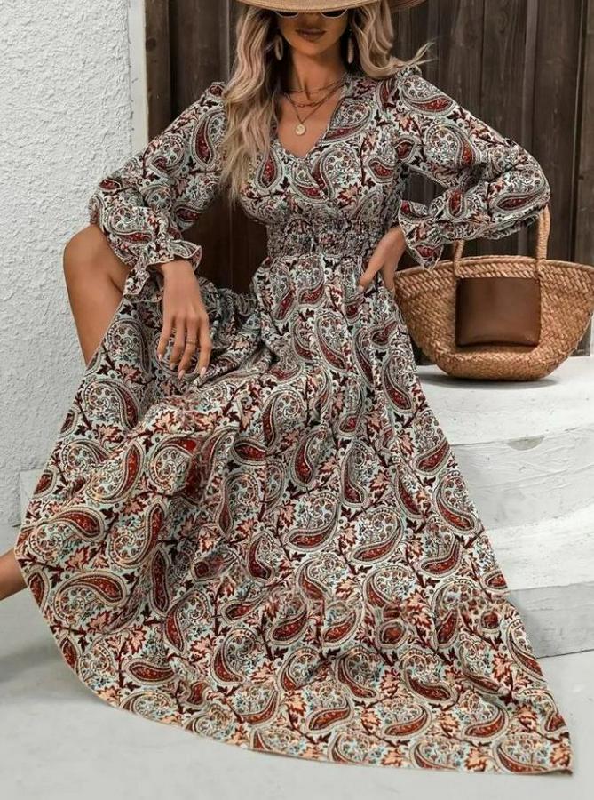 Uzun Kollu V Yakalı Beli Lastikli Desenli Süprem Elbise