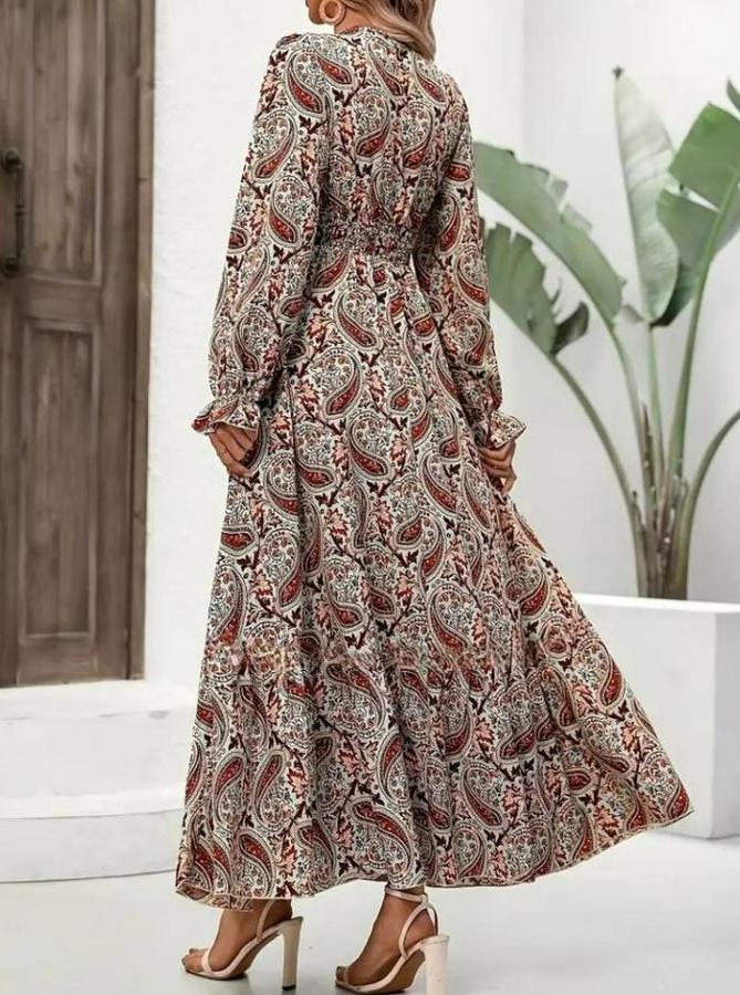 Uzun Kollu V Yakalı Beli Lastikli Desenli Süprem Elbise