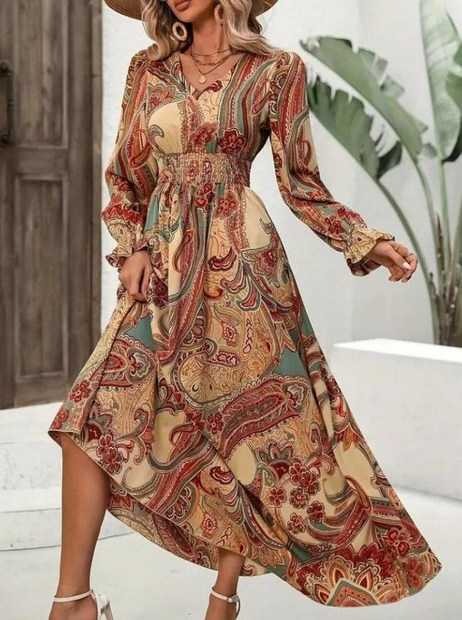 Uzun Kollu V Yakalı Beli Lastikli Desenli Süprem Elbise